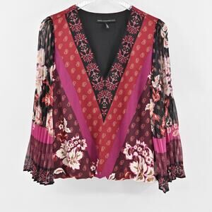 WHBM Top Womens L Pleated Flare Sleeve Floral‎ Peasant Paisley Blouse VNeck